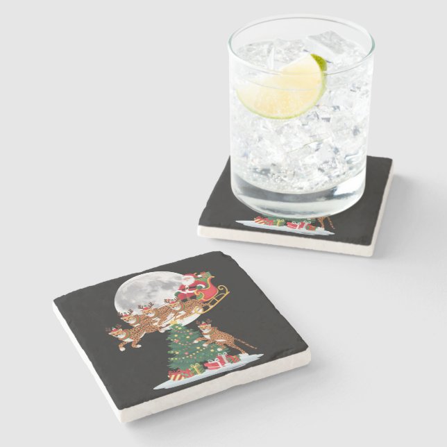 Xmas Tree Lights Funny Santa Riding Cheetah  Stone Coaster (Side)