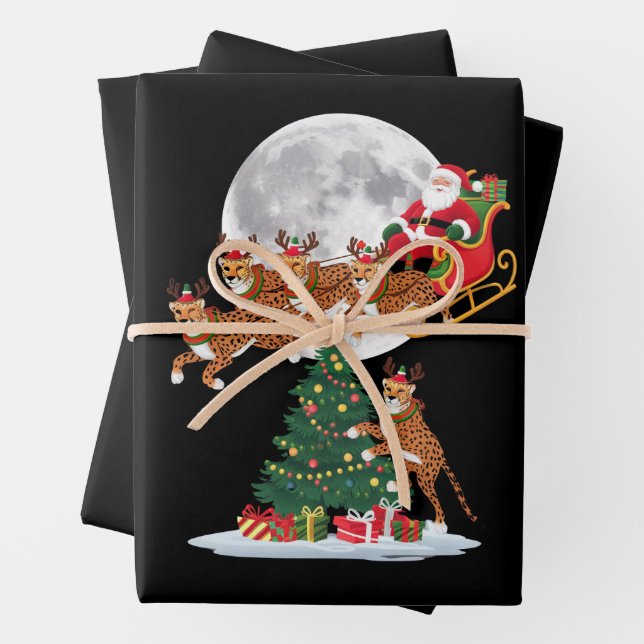 Xmas Tree Lights Funny Santa Riding Cheetah  Wrapping Paper Sheet (In situ)