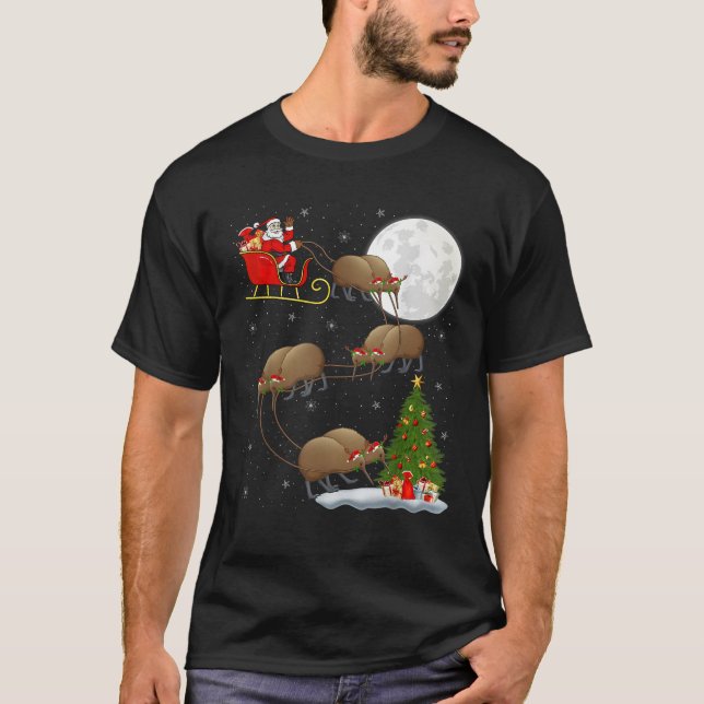 Xmas Tree Lights Funny Santa Riding Kiwi Bird Chri T-Shirt (Front)