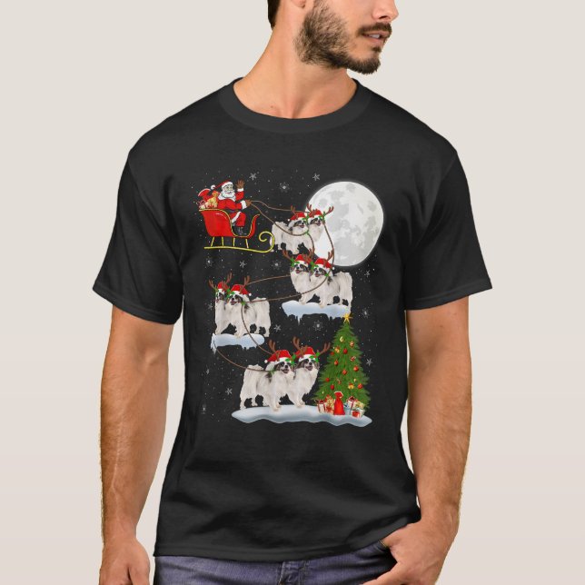 Xmas Tree Lights Funny Santa Riding Papillon Dog C T-Shirt (Front)