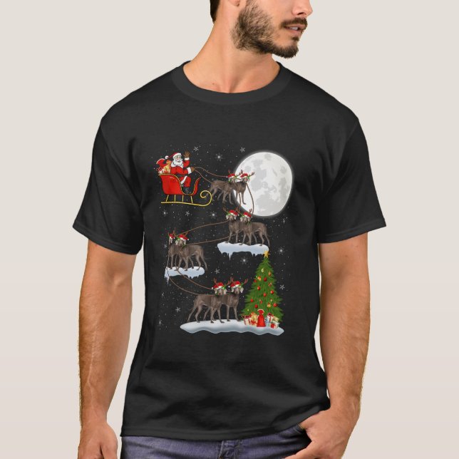 Xmas Tree Lights Funny Santa Riding Weimaraner Dog T-Shirt (Front)