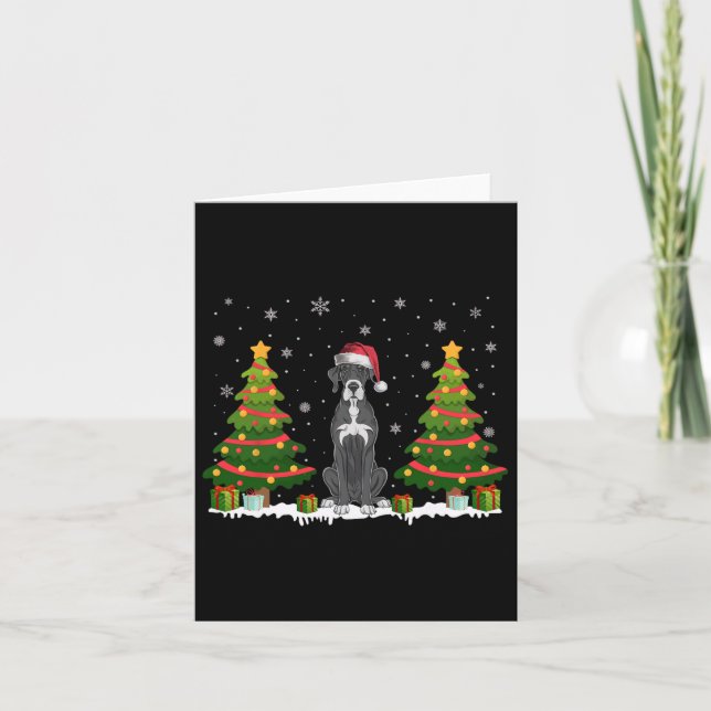 Xmas Tree Lights Great Dane Dog Santa Hat Christma Card (Front)