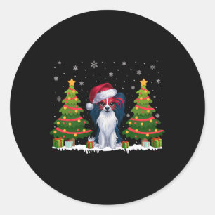 Xmas Tree Lights Papillon Dog Santa Hat Christmas Classic Round Sticker