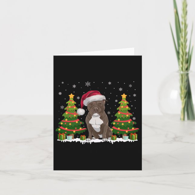 Xmas Tree Lights Pitbull Dog Santa Hat Christmas S Card (Front)