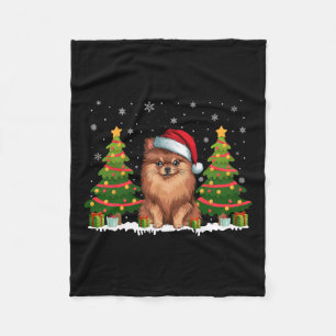 Xmas Tree Lights Pomeranian Dog Santa Hat Christma Fleece Blanket
