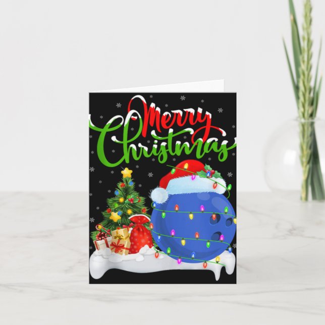 Xmas Tree Lights Santa Hat Bowling Ball Christmas  Card (Front)