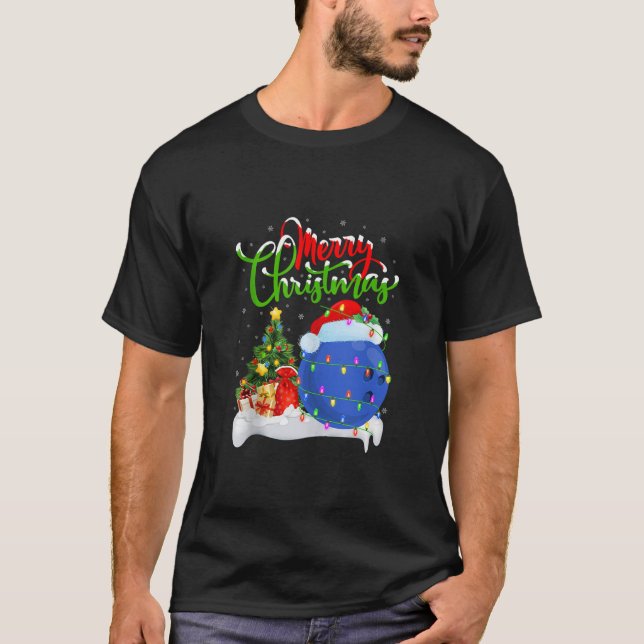 Xmas Tree Lights Santa Hat Bowling Ball Christmas  T-Shirt (Front)