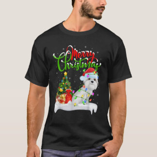 Xmas Tree Lights Santa Hat Maltese Dog Christmas  T-Shirt