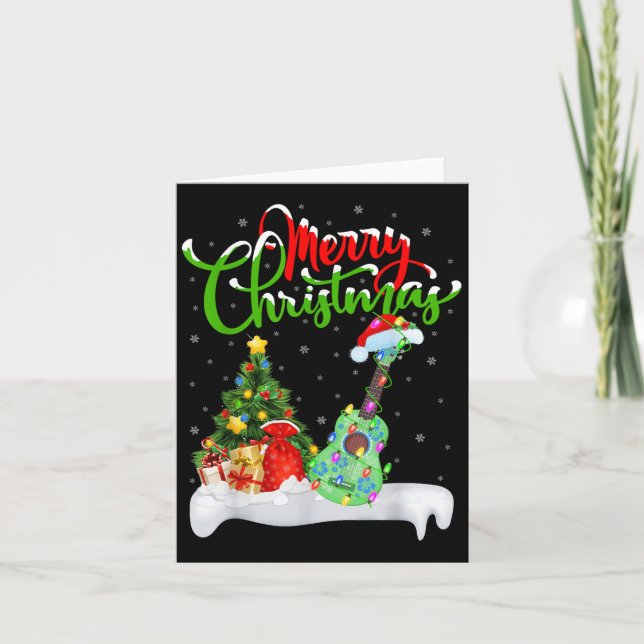 Xmas Tree Lights Santa Hat Musical Ukulele Guitar  Card (Front)