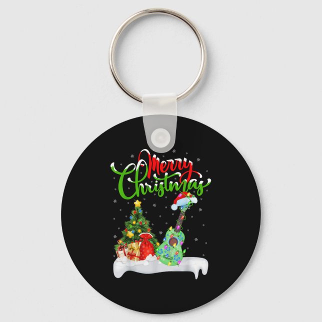 Xmas Tree Lights Santa Hat Musical Ukulele Guitar  Key Ring (Front)