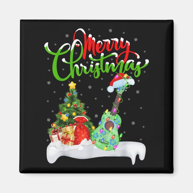 Xmas Tree Lights Santa Hat Musical Ukulele Guitar  Magnet (Front)