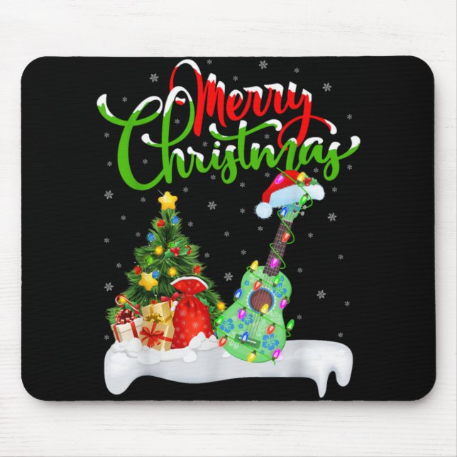 Xmas Tree Lights Santa Hat Musical Ukulele Guitar  Mouse Pad (Front)