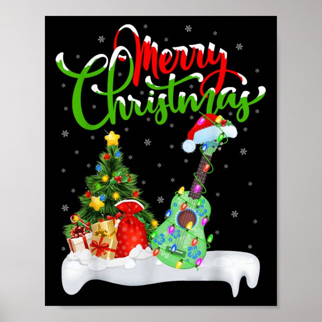 Xmas Tree Lights Santa Hat Musical Ukulele Guitar  Poster (Front)