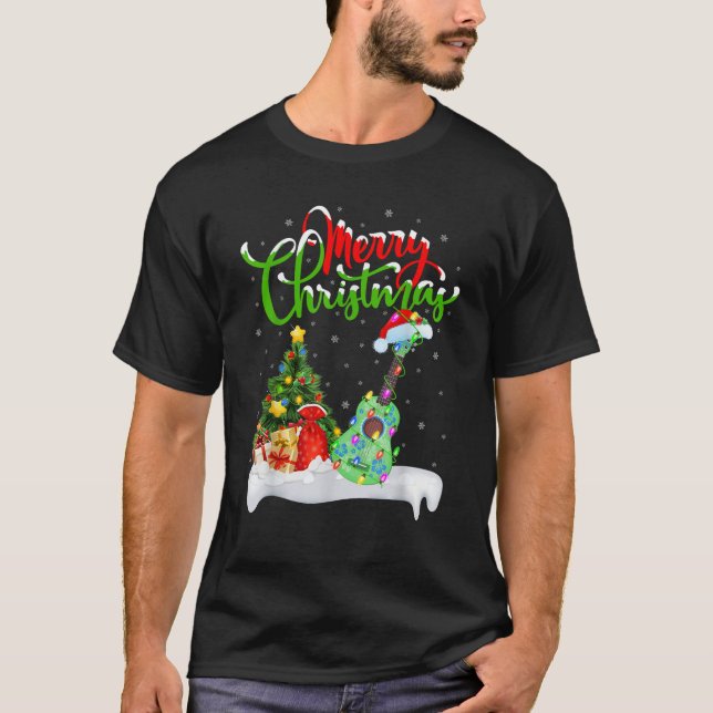 Xmas Tree Lights Santa Hat Musical Ukulele Guitar  T-Shirt (Front)