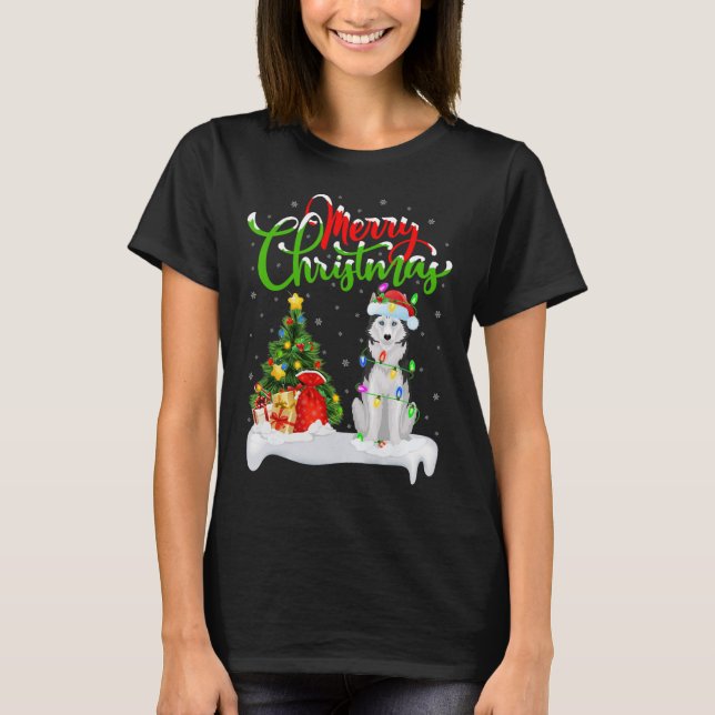 Xmas Tree Lights Santa Hat Siberian Husky Dog Chri T-Shirt (Front)