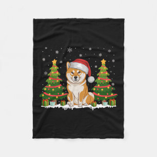 Xmas Tree Lights Shiba Inu Dog Santa Hat Christmas Fleece Blanket