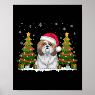 Xmas Tree Lights Shih Tzu Dog Santa Hat Christmas Poster