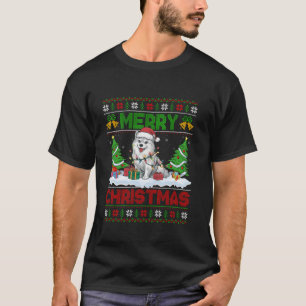 Xmas Tree Lights Ugly Santa American Eskimo Dog Ch T-Shirt