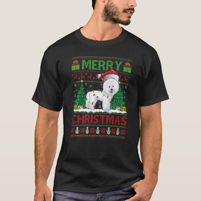 Xmas Tree Lights Ugly Santa Bichon Frise Dog Chris T-Shirt (Front)
