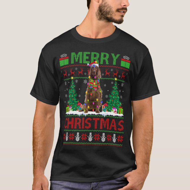 Xmas Tree Lights Ugly Santa Irish Setter Dog Chris T-Shirt (Front)