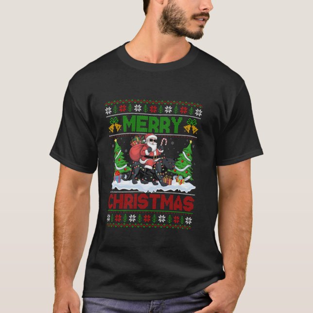 Xmas Tree Lights Ugly Santa Riding Panther Christm T-Shirt (Front)