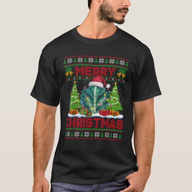 Xmas Tree Lights Ugly Style Santa Hat Cabbage Chri T-Shirt (Front)