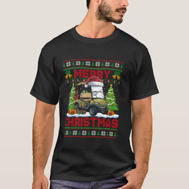 Xmas Tree Lights Ugly Style Santa Hat Golf Cart Ch T-Shirt (Front)
