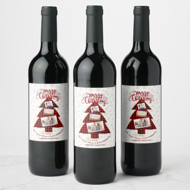 Xmas Tree Red Buffalo Gold Photo Merry Christmas Wine Label (Bottles)