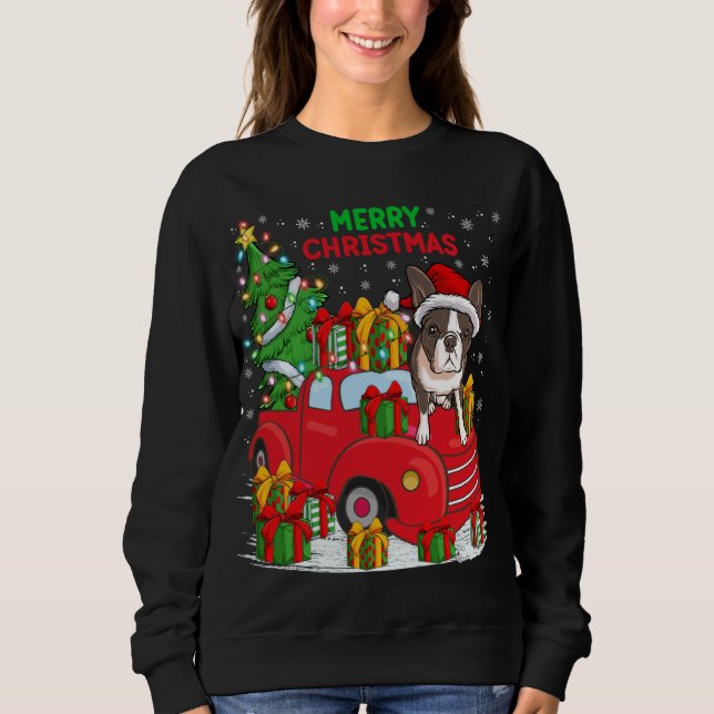 Xmas Tree Red Truck Lighting Boston Terrier Dog Ch Sweatshirt (Front)