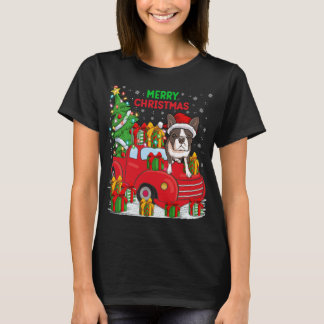 Xmas Tree Red Truck Lighting Boston Terrier Dog Ch T-Shirt