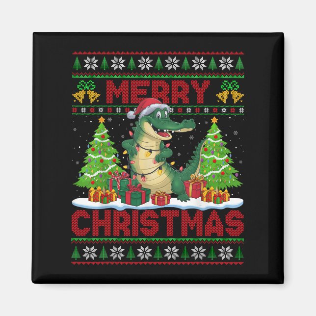 Xmas Tree Ugly Style Santa Hat Alligator Christmas Magnet (Front)