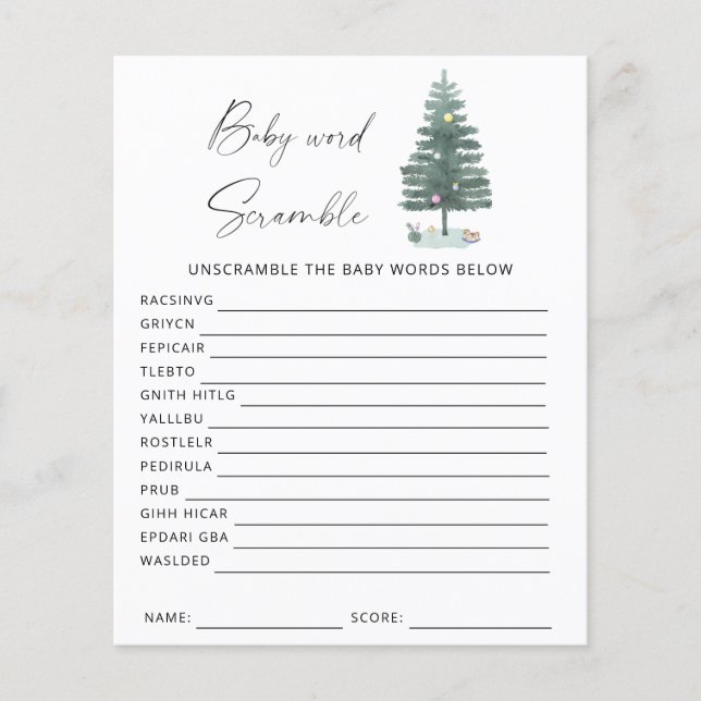 Xmas tree - word scramble baby shower game (Front)