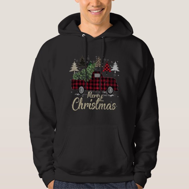 Xmas Trees Red Truck Buffalo Plaid Hoodie (Front)