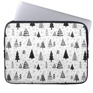 Xmas Trees & Snowflakes Black and White Pattern Laptop Sleeve