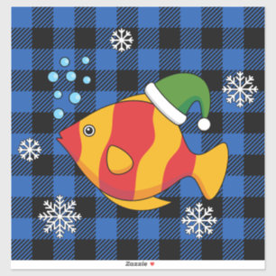 Xmas Tropical Fish Cartoon on Blue Buffalo Pattern
