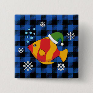 Xmas Tropical Fish Cartoon on Blue Buffalo Pattern 15 Cm Square Badge