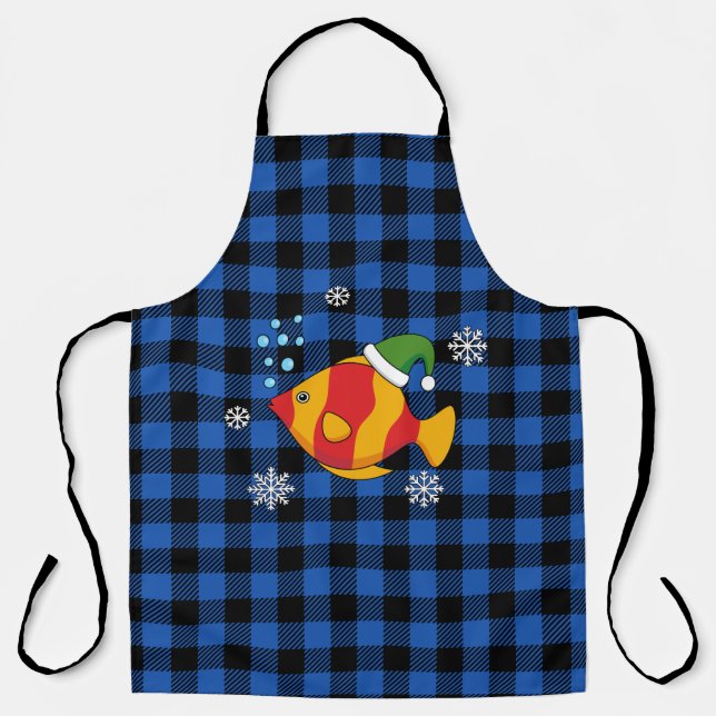 Xmas Tropical Fish Cartoon on Blue Buffalo Pattern Apron (Front)
