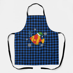 Xmas Tropical Fish Cartoon on Blue Buffalo Pattern Apron