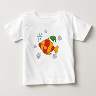 Xmas Tropical Fish Cartoon on Blue Buffalo Pattern Baby T-Shirt