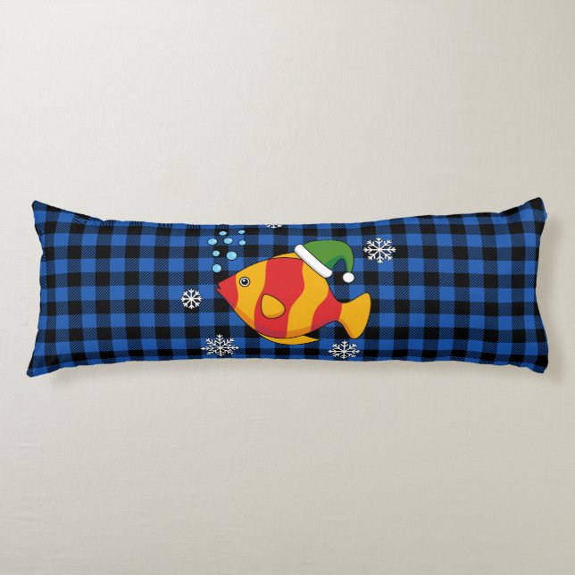 Xmas Tropical Fish Cartoon on Blue Buffalo Pattern Body Cushion (Front)