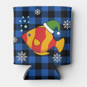 Xmas Tropical Fish Cartoon on Blue Buffalo Pattern Can Cooler