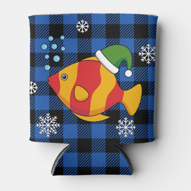Xmas Tropical Fish Cartoon on Blue Buffalo Pattern Can Cooler