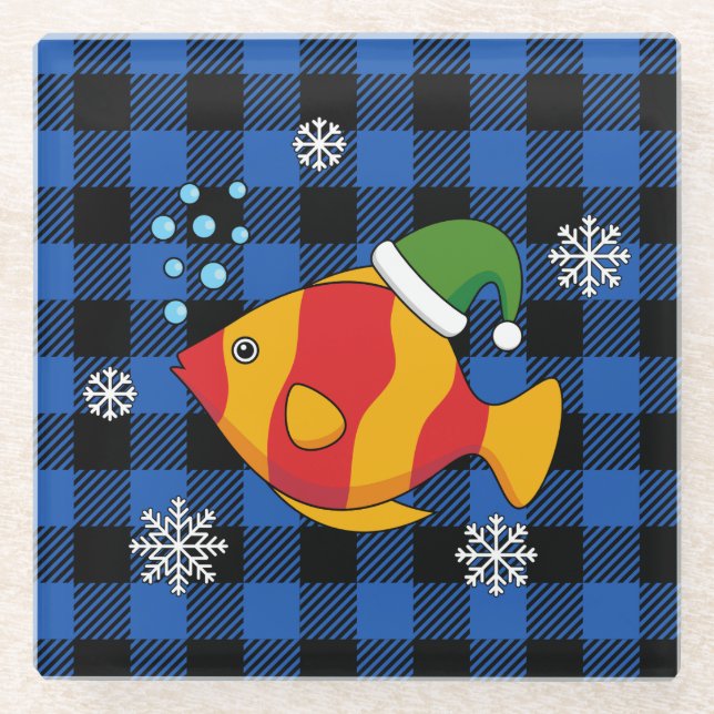 Xmas Tropical Fish Cartoon on Blue Buffalo Pattern Glass Coaster (Front)