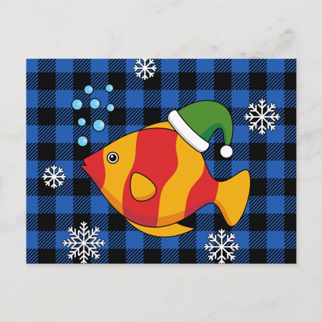 Xmas Tropical Fish Cartoon on Blue Buffalo Pattern Holiday Postcard (Front)