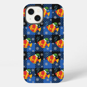 Xmas Tropical Fish Cartoon on Blue Buffalo Pattern iPhone 13 Case