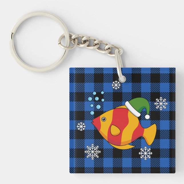 Xmas Tropical Fish Cartoon on Blue Buffalo Pattern Key Ring (Front)