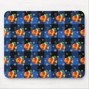 Xmas Tropical Fish Cartoon on Blue Buffalo Pattern Mouse Pad