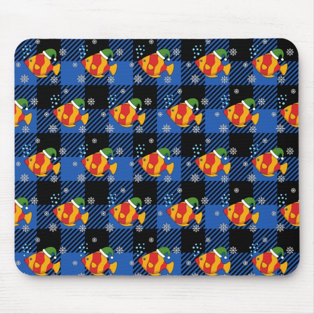Xmas Tropical Fish Cartoon on Blue Buffalo Pattern Mouse Pad (Front)