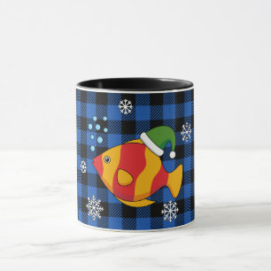 Xmas Tropical Fish Cartoon on Blue Buffalo Pattern Mug
