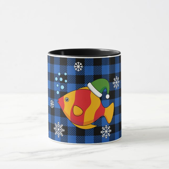 Xmas Tropical Fish Cartoon on Blue Buffalo Pattern Mug (Center)